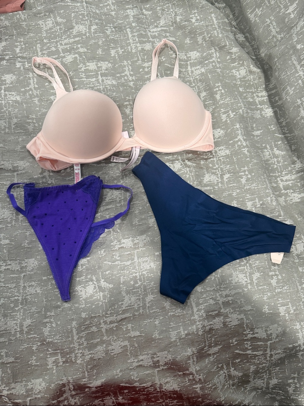 PINK Victoria's Secret Light Pink Push-Up Bra with Purple and Navy Panties